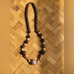 Vintage natural wood & seed necklace w/mother of pearl mosaic centerpiece
